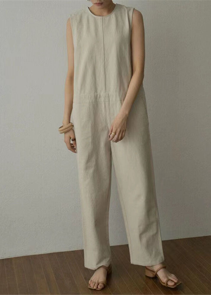 Apricot Pockets Patchwork Cotton Wide Leg Jumpsuits Sleeveless