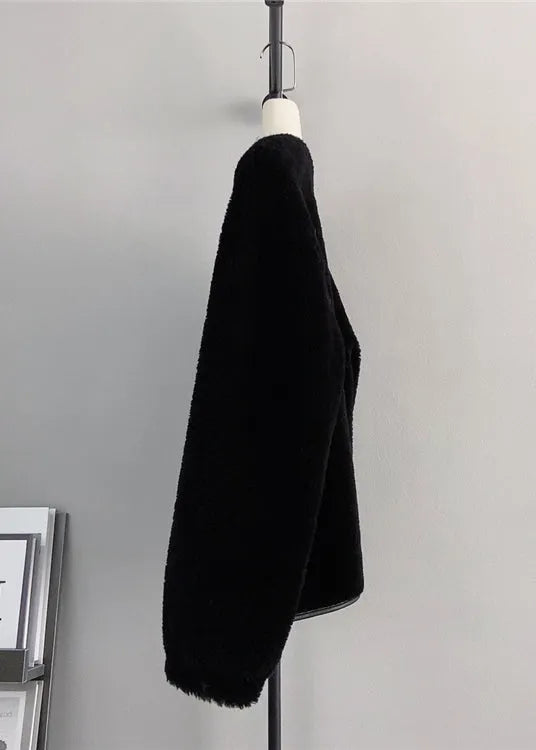 Black O Neck Pockets Button Wool Coats Winter