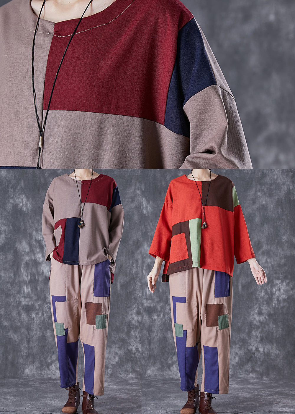 Coffee Patchwork Applique Cotton Two-piece Set Oversized Fall