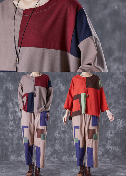Coffee Patchwork Applique Cotton Two-piece Set Oversized Fall