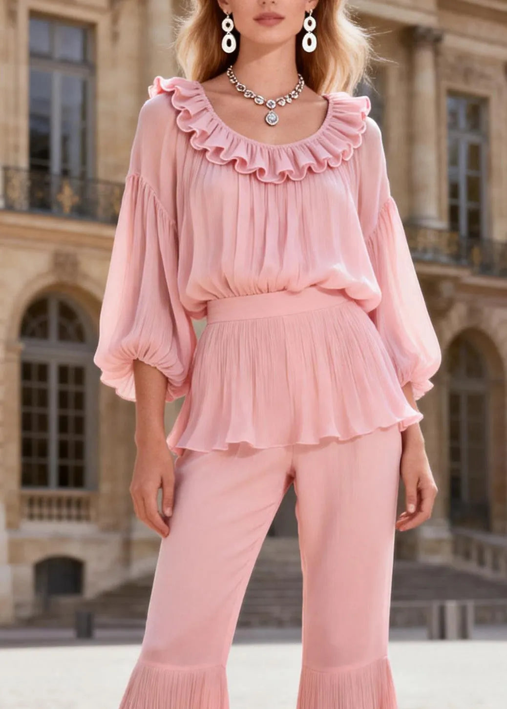 Original Pink Ruffled Patchwork Silk Two Piece Set Clothing Summer