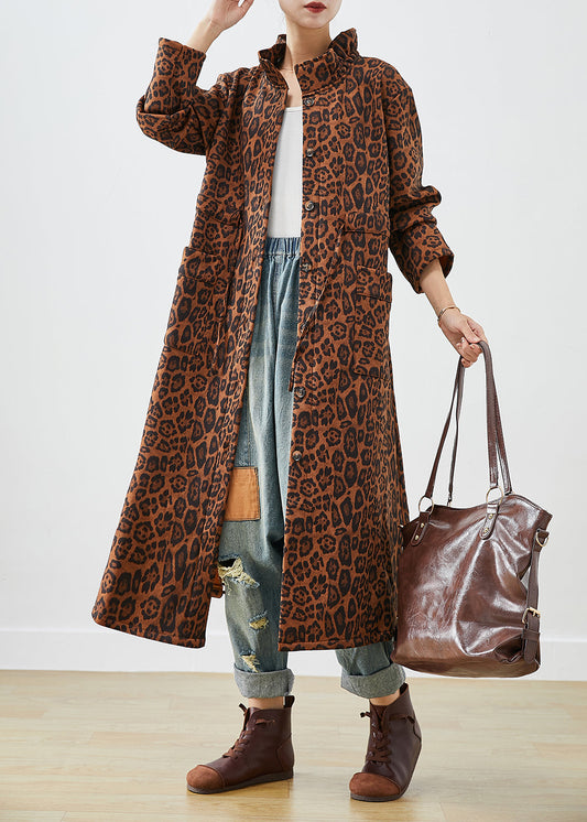 Oversized Leopard Print Cotton Trench Coats Fall
