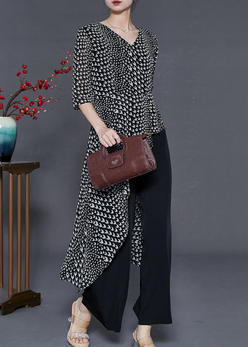 Fine Black Asymmetrical Print Chiffon Two Pieces Set Summer