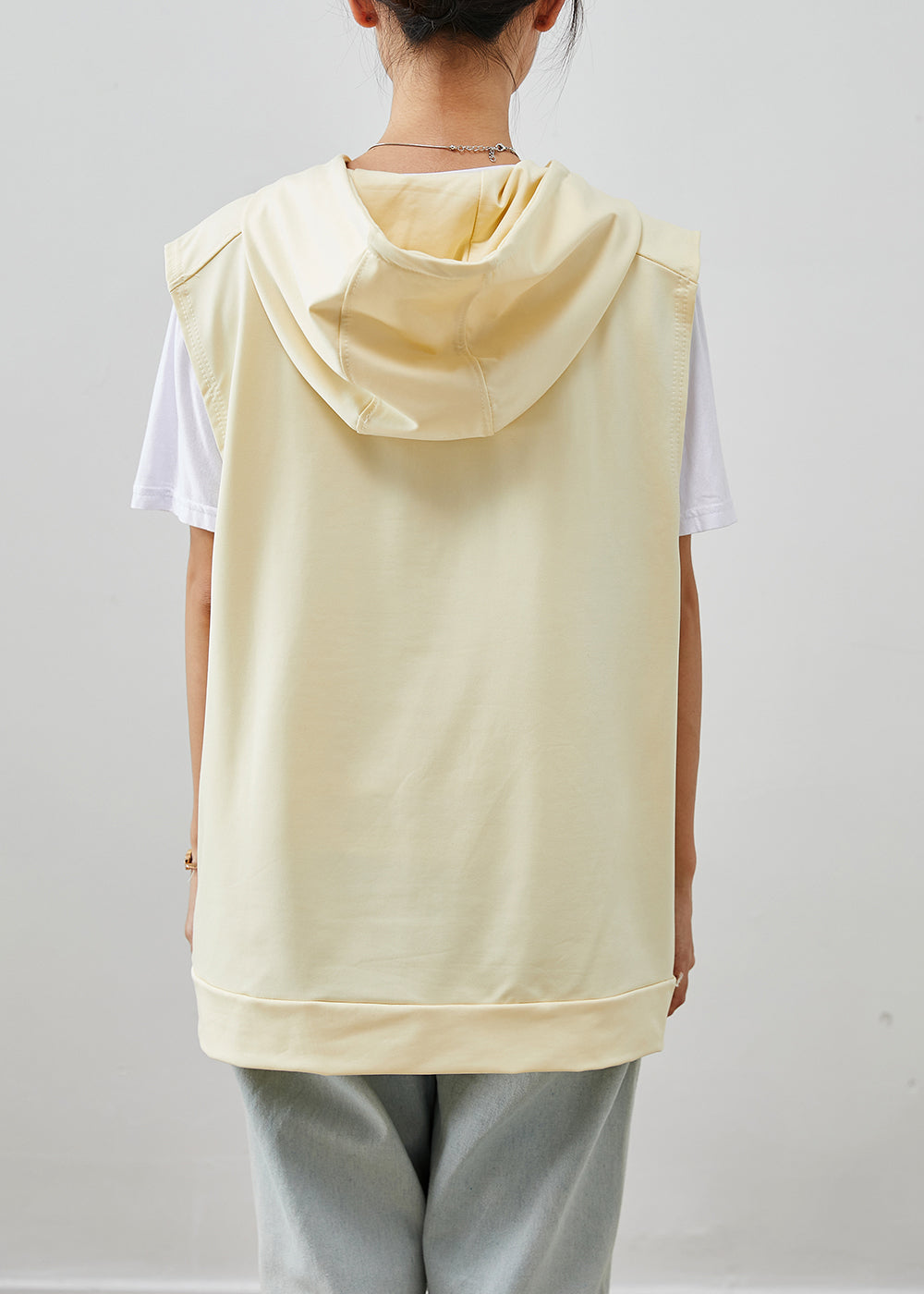 Beige Hooded Pockets Cotton Vest Fall