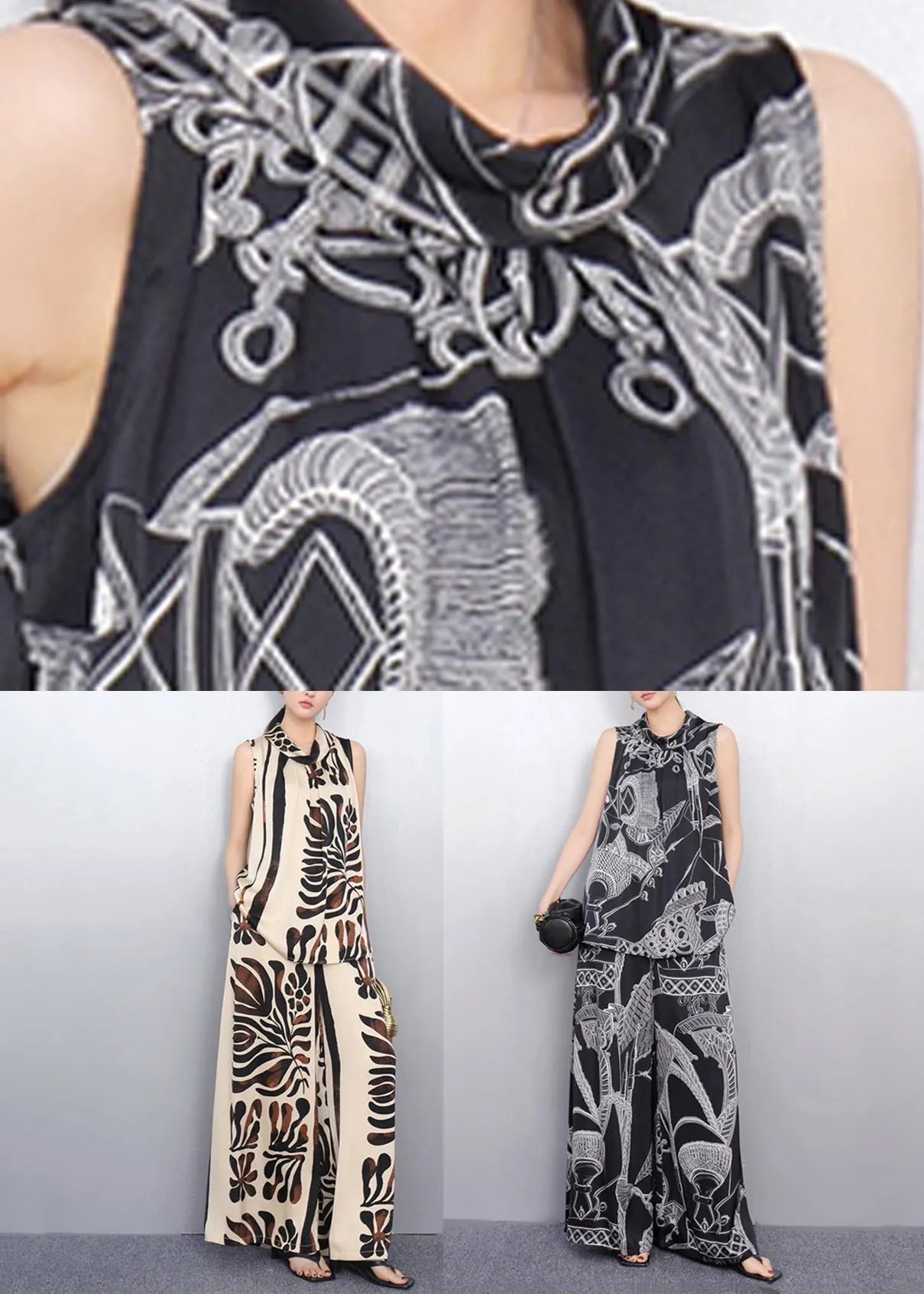 Vogue Black Print Top and Wide Leg Pants Two Pieces Set Summer