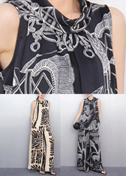 Vogue Black Print Top and Wide Leg Pants Two Pieces Set Summer