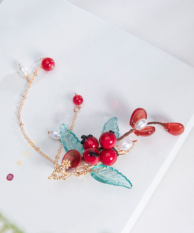 Chinese Style Multicolor Copper Overgild Pearl Coloured Glaze Leaf a Pair Hairpin