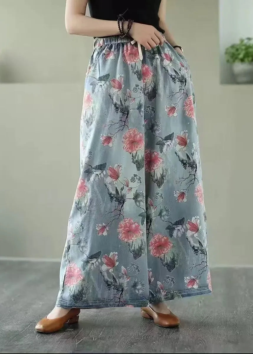 Oversized Print Denim Wide Leg Pants Summer