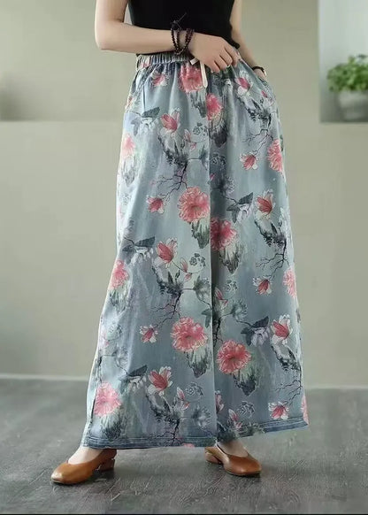 Oversized Print Denim Wide Leg Pants Summer