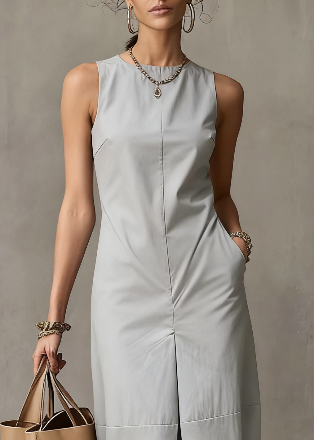 Simple Light Blue Pockets Cotton Long Dresses Sleeveless