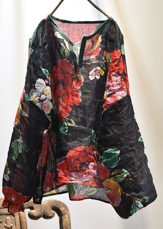 Black V Neck Print Linen Blouse Top Lantern Sleeve