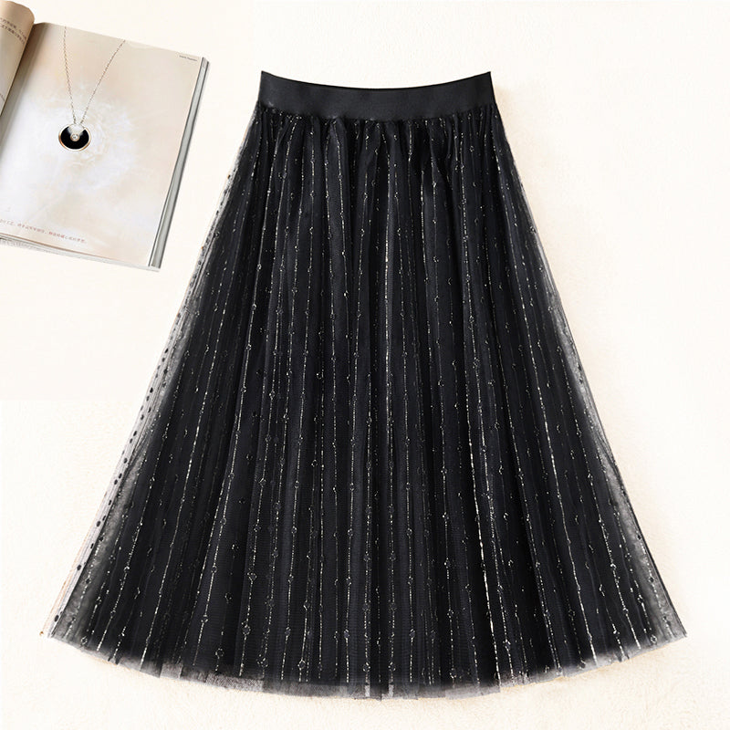 Black Elastic Waist Tulle Pleated Skirt Summer