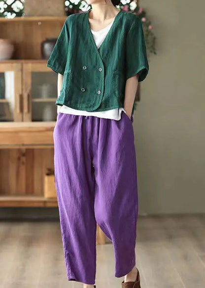 Green Pockets Patchwork Linen Cardigan V Neck Summer