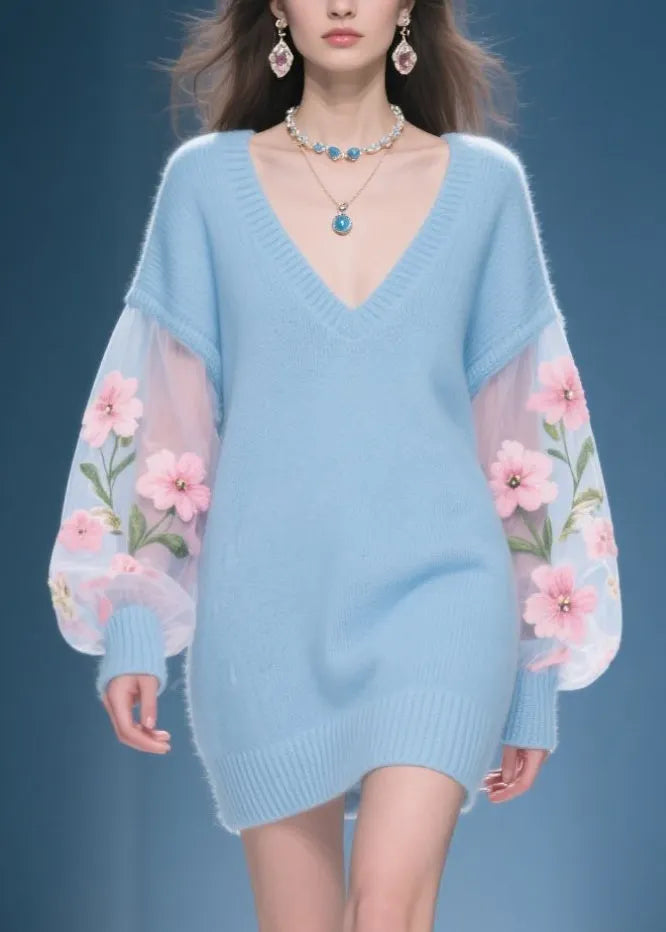 New Blue V Neck Patchwork Knit Sweater Dress Fall