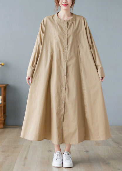 Khaki O-neck Button Cotton Long Shirts Dress Long Sleeve