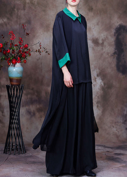Black Patchwork Green Peter Pan Collar Low High Design Chiffon Long Shirt and Wide Leg Pant Two Pieces Set Summer