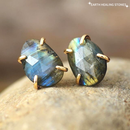 Gold Oval Labradorite Stud Earrings