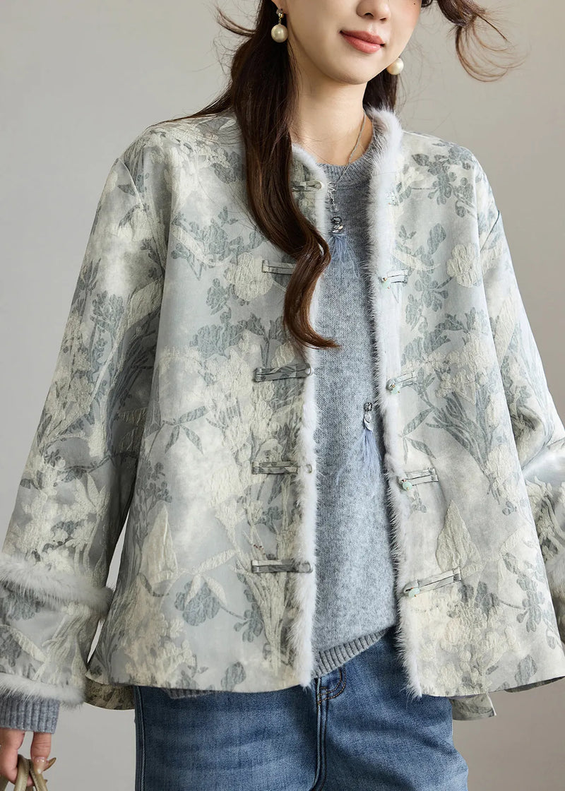 Dark Grey Jacquard Patchwork Faux Fur Cotton Oriental Coats Winter