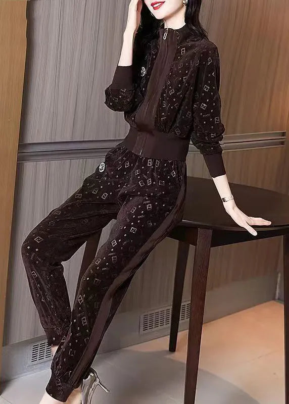 Coffee Zip Up Print Pockets Velour Two-piece Set Spring