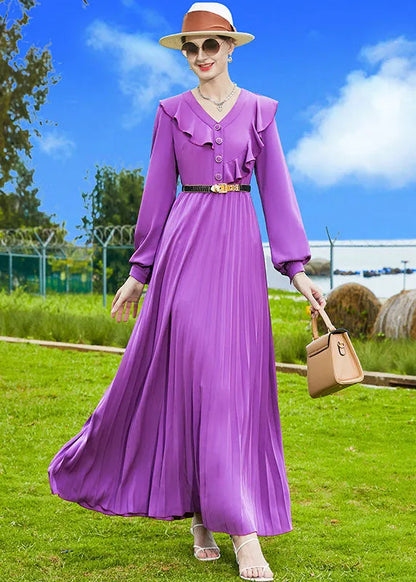 Purple V Neck Patchwork Ruffles Chiffon Pleated Dress Spring