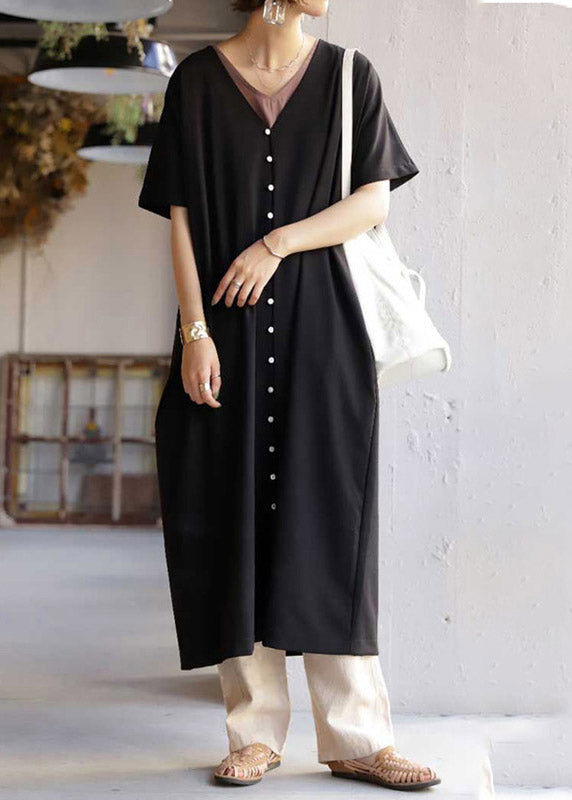 Black V Neck Button Maxi Dress Short Sleeve