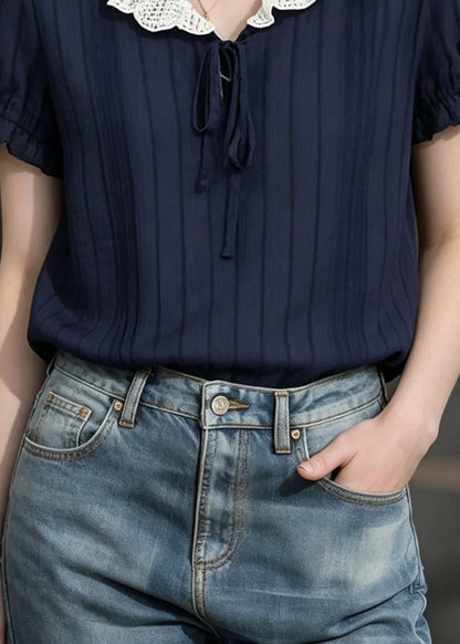 Modern Navy Peter Pan Collar Striped Chiffon Shirts Summer