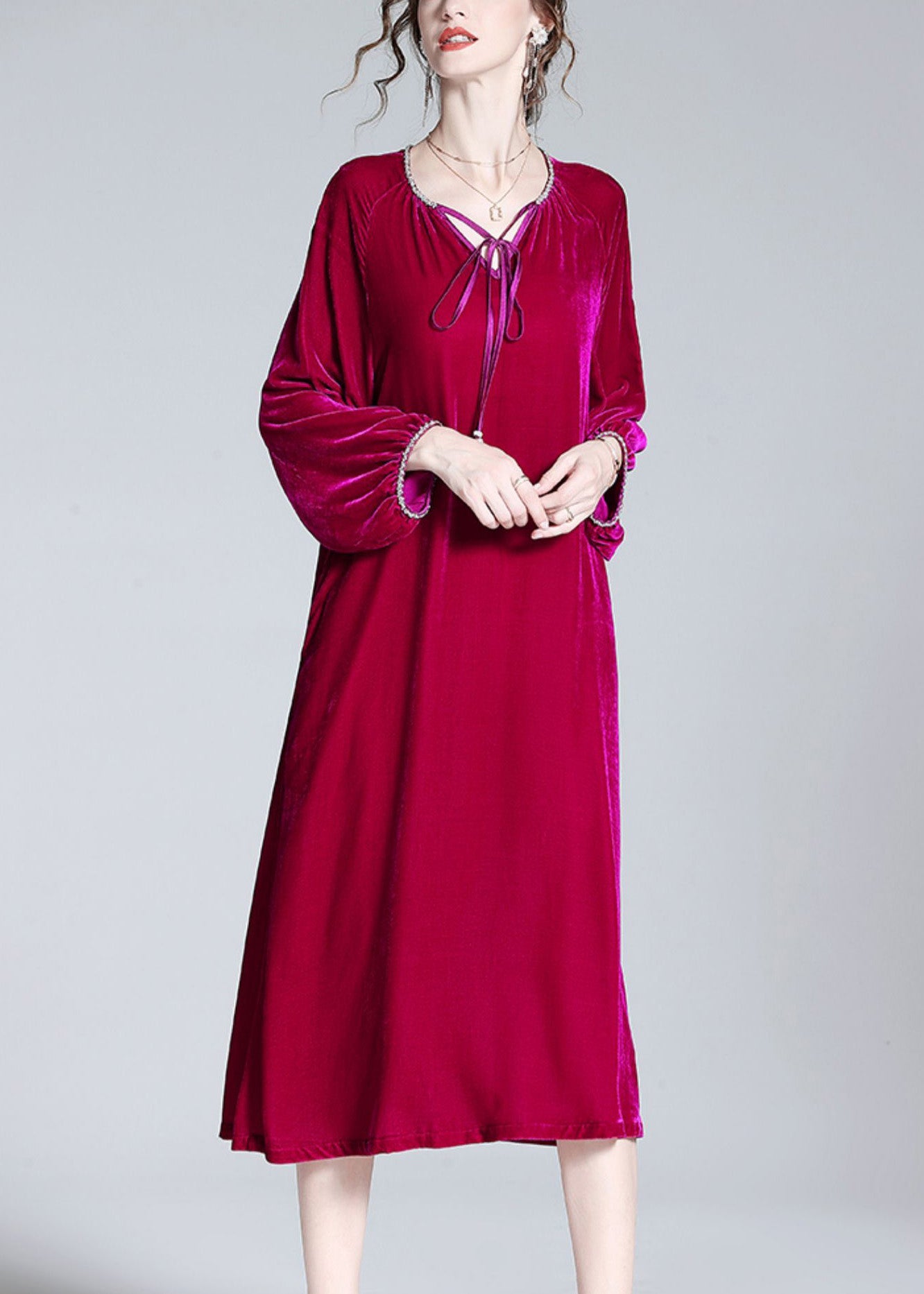Handmade Red V Neck Neck Tie Velour Maxi Dress Spring