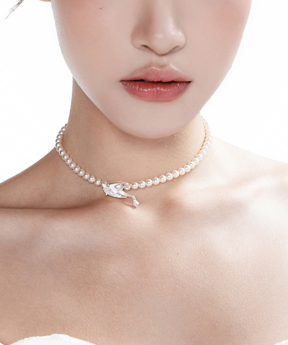 Pearl Little Bird Zircon Silver Plated Choker