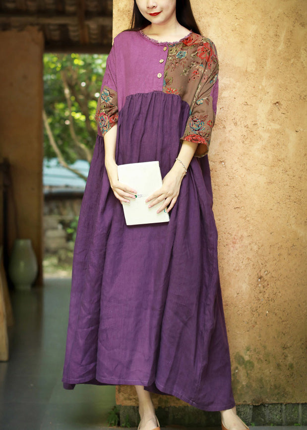 Purple Ruffled Wrinkled Cotton Dresses Half Sleeve