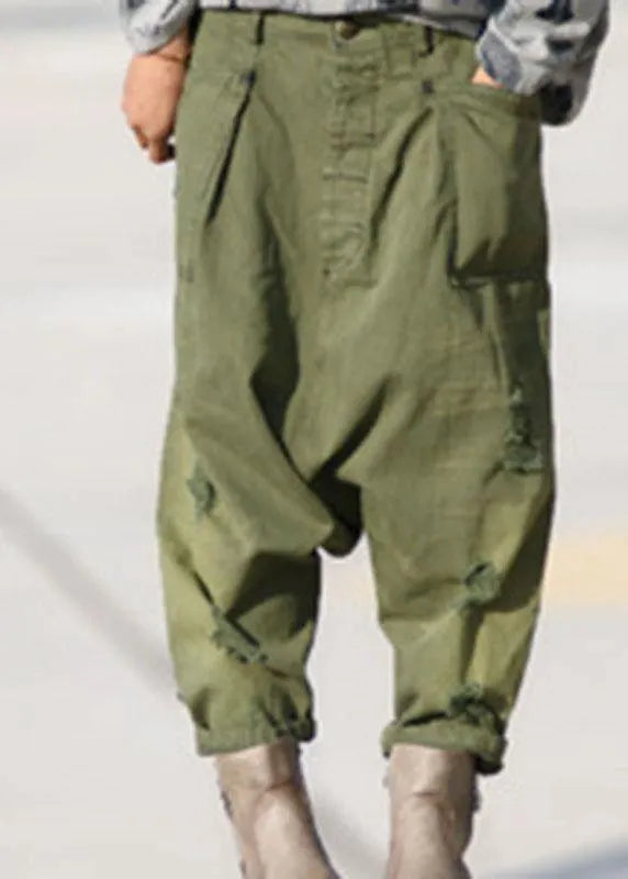 Organic Green Pockets Hole Harem Fall Denim Pants