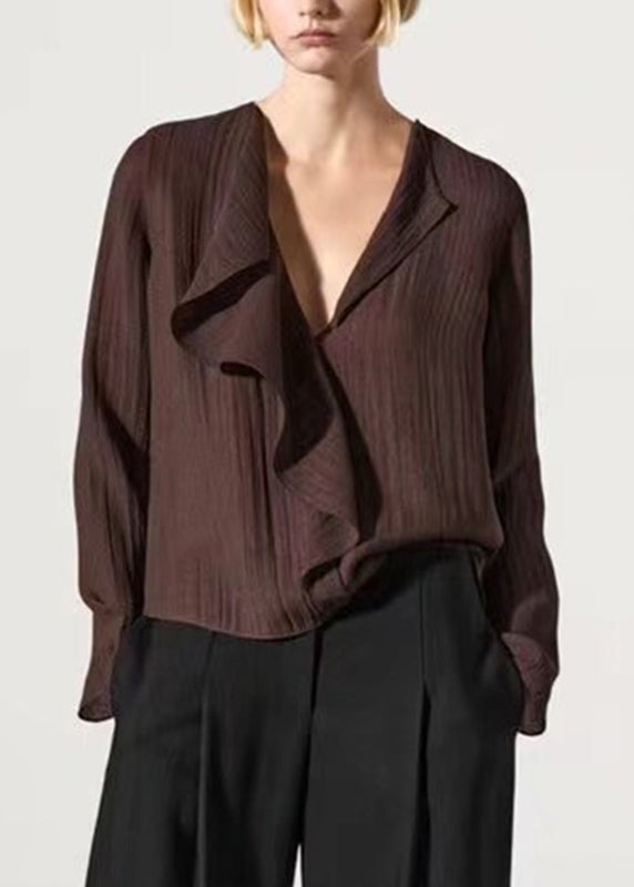 French Coffee Ruffled Patchwork Shirts Fall
