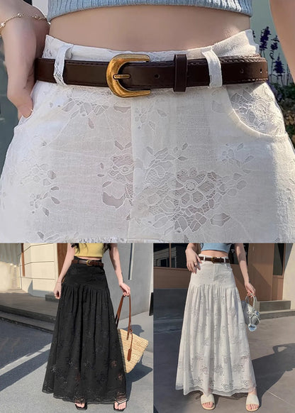 Black Pockets Wrinkled Lace Summer Skirts High Waist
