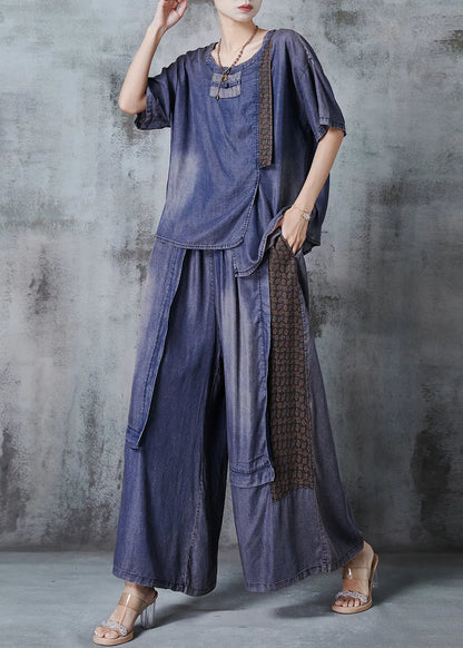 Blue Asymmetrical Patchwork Denim Two Pieces Set Summer