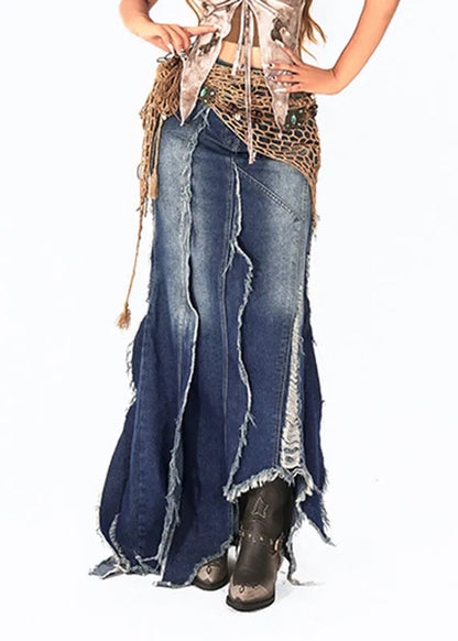 Handmade Blue Asymmetrical Patchwork Tassel Denim Maxi Skirts