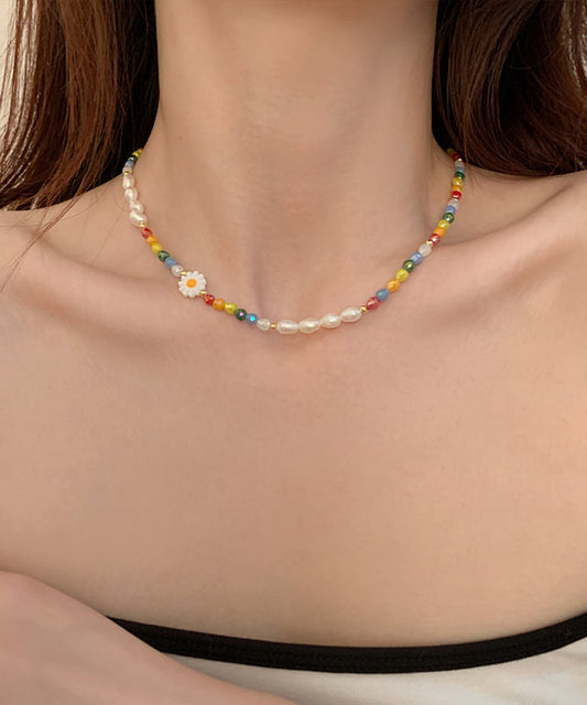 Art Rainbow Alloy Pearl Beading Gratuated Bead Necklace