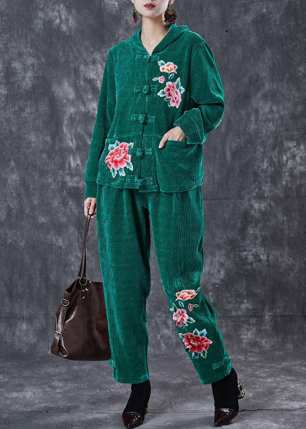 Art Green Embroideried Chinese Button Corduroy Two Piece Suit Set Spring