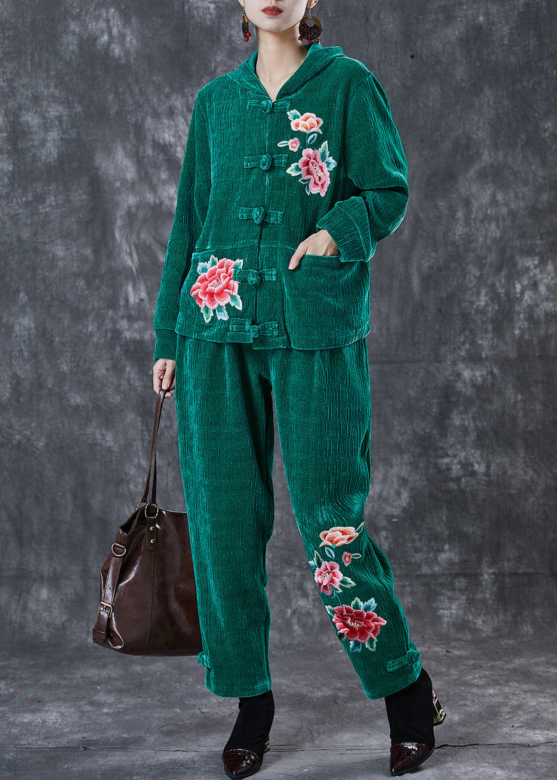 Art Green Embroideried Chinese Button Corduroy Two Piece Suit Set Spring