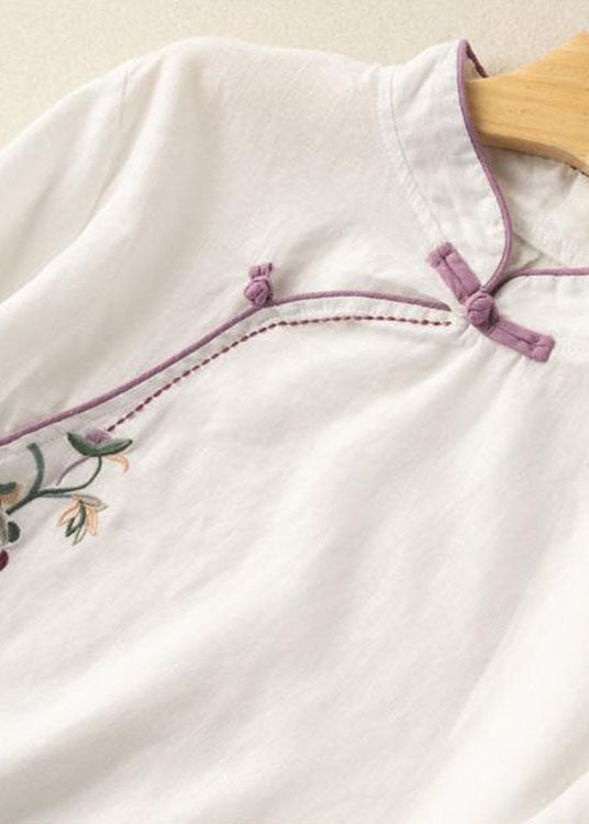 White Embroideried Button Blouse Tops Half Sleeve