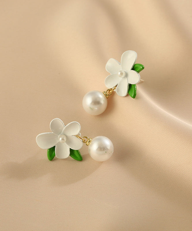 Diy Colorblock Alloy Pearl Gardenia Drop Earrings