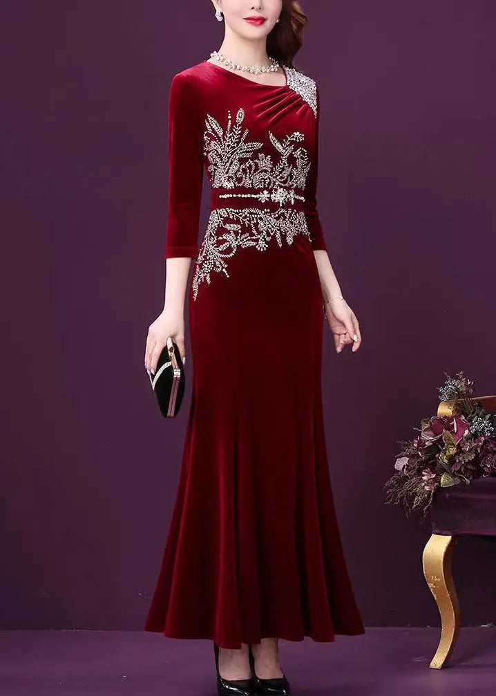 Wine Red Zircon Patchwork Silk Velour Fishtail Skirt Dress Half Sleeve