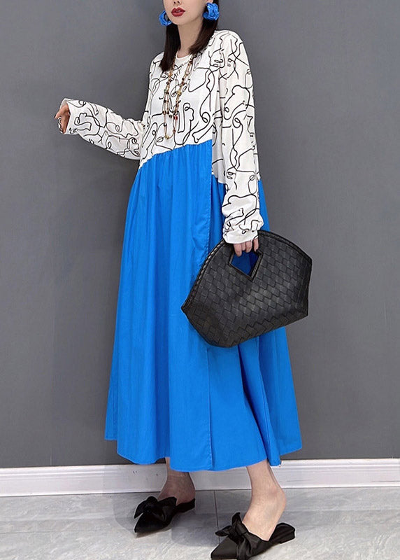 Colorblock O-neck Print Patchwork Holiday Dress Long Sleeve
