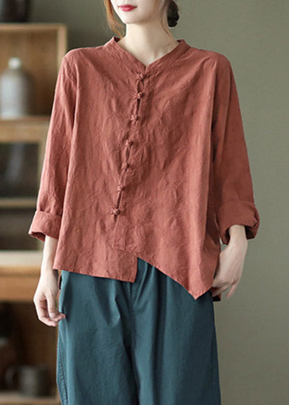 Boutique Brick Red O-neck Asymmetrical Low High Design Button Shirt Long Sleeve
