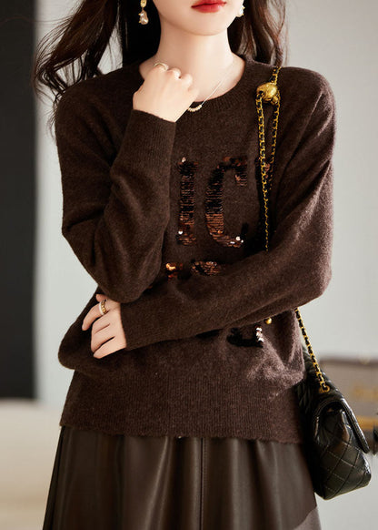 Natural Chocolate O-neck Sequins Cozy Cotton Knit Sweaters Long Sleeve