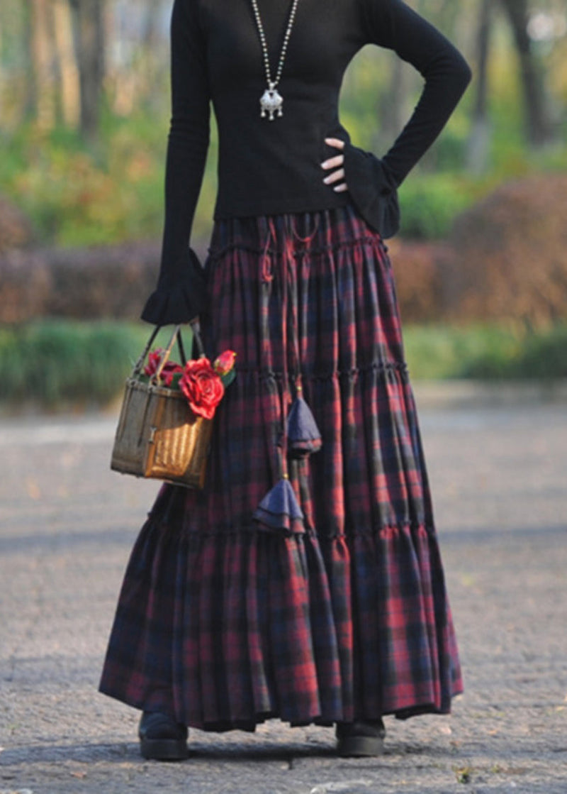 Atyle Mulberry Plaid Wrinkled Patchwork Exra Large Hem Cotton Skirts Spring