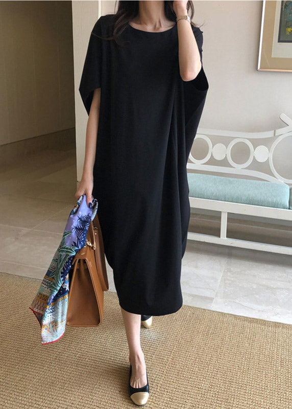 Black O-neck Linen Long Dress Batwing Sleeve