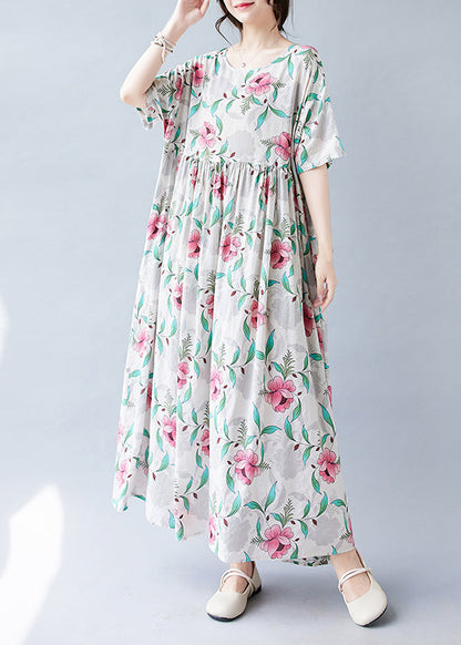 Pink Print Patchwork Holiday Long Dress Short Sleeve