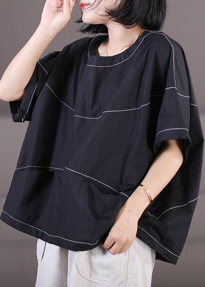 Stylish Black O-neck Oversized Drawstring Cotton Tank Top Short Sleeve