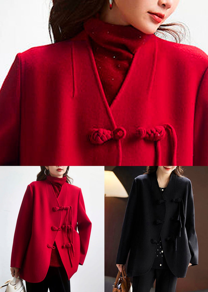 Black Chinese Button Wool Coats Spring