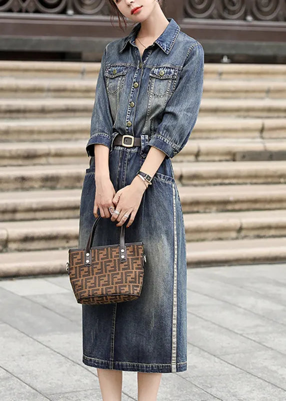 Denim Blue Peter Pan Collar Patchwork Sashes Long Shirts Dresses Fall