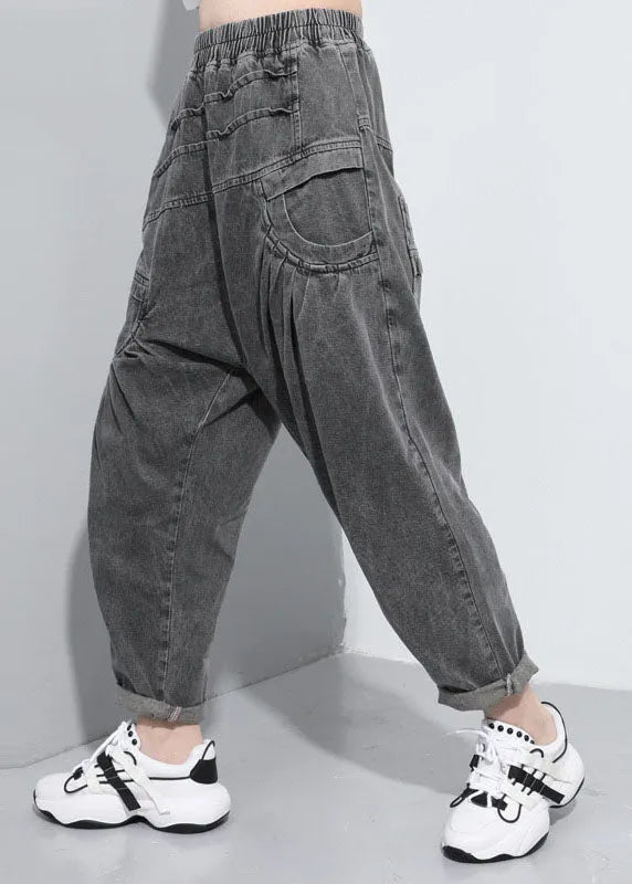 Handmade Black Elastic Waist Pockets Jean Pants Spring